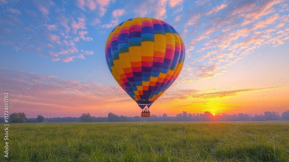 Fototapeta premium Colorful hot air balloon sunrise flight over field.