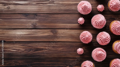 Delicious pink frosted cupcakes arranged on a rustic wooden surface ideal for dessert and bakery themed promotions. photo