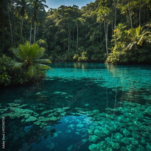 A crystal-clear lagoon surrounded by lush jungle.