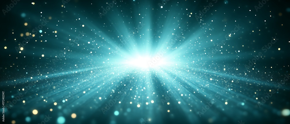 Naklejka premium Teal light rays burst with sparkles.