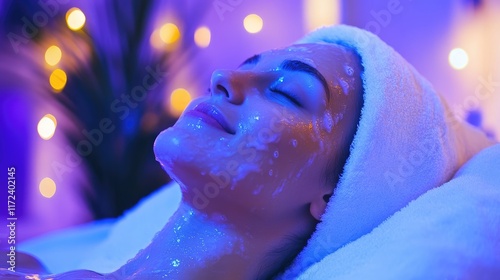Relaxed individual experiencing a soothing balneotherapy session with serene lighting and calming ambiance in a spa environment