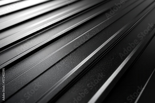 textured metallic black surface resembling a steel sheet roof highlighting detailed corrugation patterns that create a sense of industrial strength and modern design