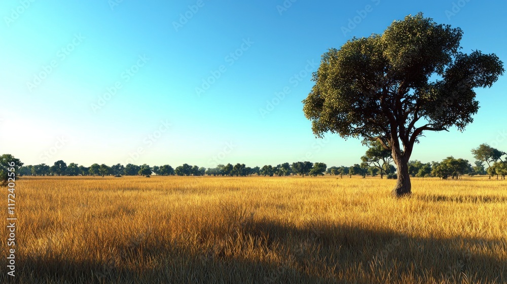 Serene landscape with a solitary tree in a golden field. Serene landscape with a solitary tree in a golden field.