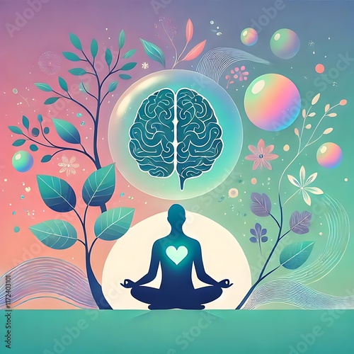 Mental health awareness. It symbolizes growth, self-care, and inner peace, with elements like a meditative silhouette, abstract flourishing symbols, and a glowing sunrise backdrop