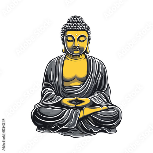 Colorful vector illustration of a Buddha sitting in lotus position isolated on a white background. Trendy buddhism wall art, poster. Yoga, meditation, Buddhism art  gray yellow color