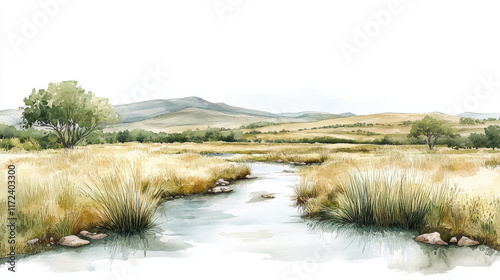 Wallpaper Mural serene watercolor illustration of tranquil landscape with stream, lush grass, and distant mountains Torontodigital.ca