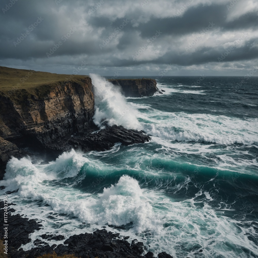Naklejka premium A dramatic cliffside with waves pounding below.