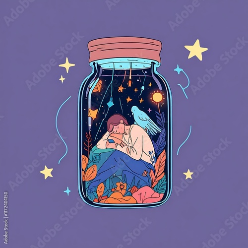 Mental health awareness. rest and recharging, Surrounding the jar are clocks, stars, and calming colors representing the importance of taking time for mental health