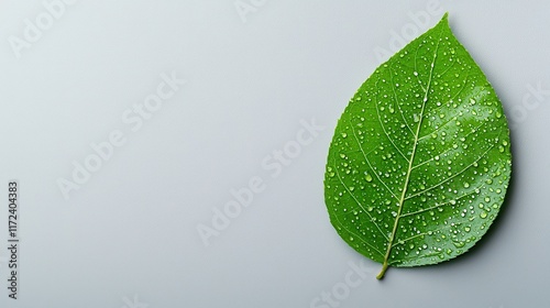 Fresh Green Leaf with Water Droplets on Gray Background for Nature and Eco-Friendly Themes photo