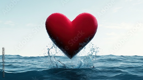 Vibrant Red Heart Rising from Ocean Waves Against Calm Sky