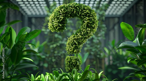 A lush green question mark made of moss stands amidst vibrant foliage, symbolizing curiosity and environmental themes in a serene, natural setting. photo