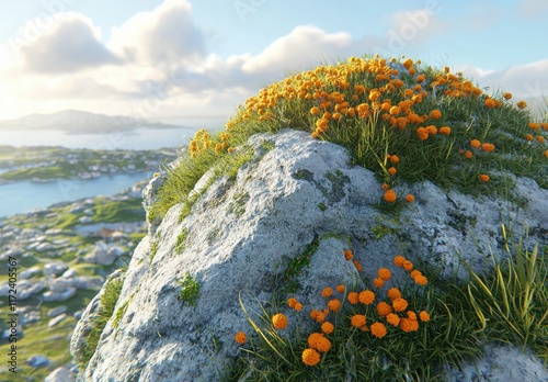 Vibrant Orange Flowers on a Rocky Mountain Top