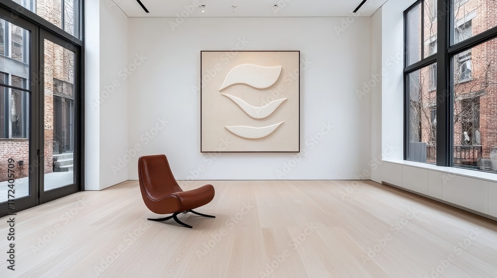 Fototapeta premium Modern Art Gallery Interior with Minimalist Design and Elegant Brown Chair