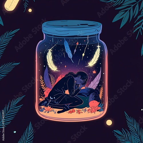 Mental health awareness. rest and recharging, Surrounding the jar are clocks, stars, and calming colors representing the importance of taking time for mental health