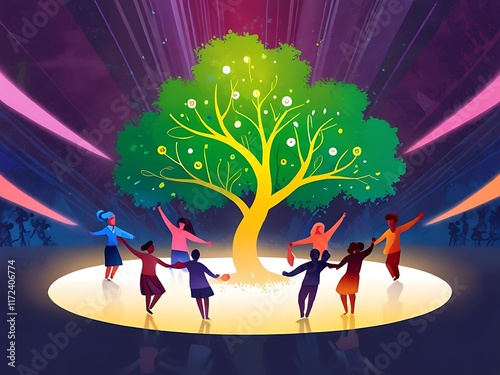 Mental health awareness, unity, connection, and positivity with a supportive group, a symbolic glowing tree, and a radiant background