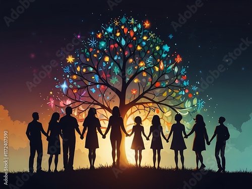 Mental health awareness, unity, connection, and positivity with a supportive group, a symbolic glowing tree, and a radiant background