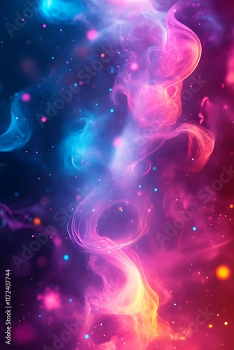 Abstract colorful smoke swirls with glowing particles.