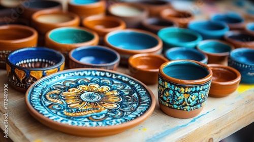 Vibrant hand-painted ceramic pottery on display at a craft market photo