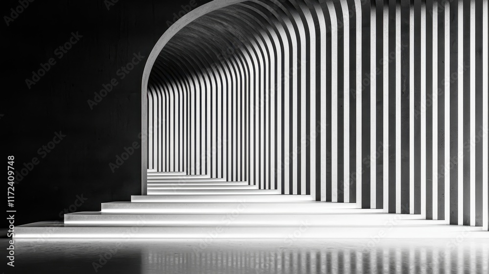 Fototapeta premium Modern architectural design featuring white striped walls and stairs in a minimalist setting