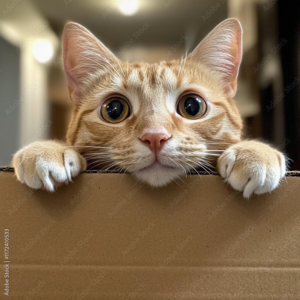Cat in a Box: A tabby cat with wide, curious eyes peeks over the edge of a cardboard box Cat in a Box: A tabby cat with wide, curious eyes peeks over the edge of a cardboard box