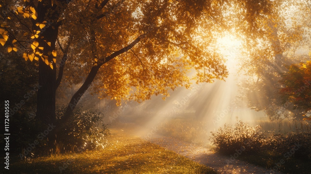 A golden autumn morning in a park, with sunlight streaming through trees and highlighting yellow and orange foliage A golden autumn morning in a park, with sunlight streaming through trees and highlighting yellow and orange foliage