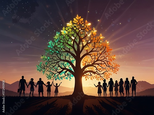 Mental health awareness, unity, connection, and positivity with a supportive group, a symbolic glowing tree, and a radiant background