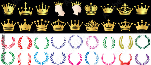Gold crown vector set, royal crowns, colorful laurel wreaths for luxury designs, emblems, royalty symbols, premium badges, decorative elements, crowns, royal crowns, laurel wreaths for event, heraldry