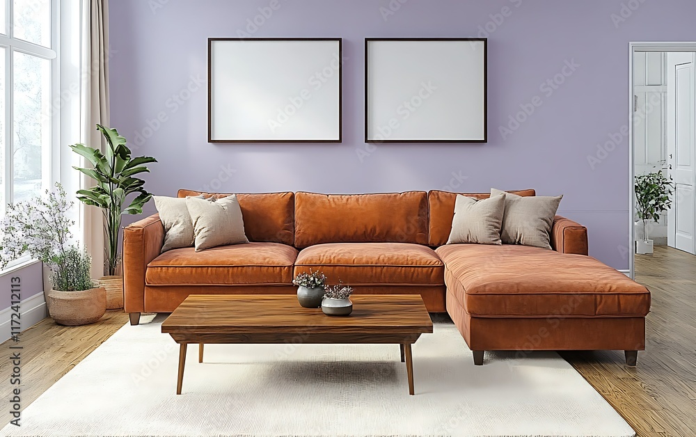 Fototapeta premium Orange sectional sofa in modern living room, lavender walls, plants. Home decor, interior design.