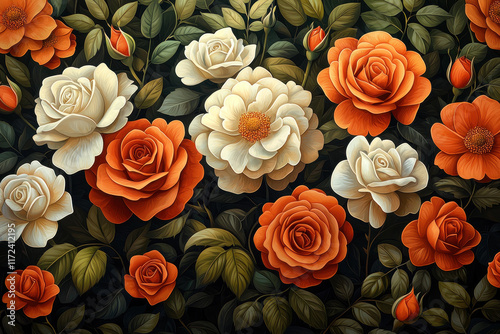 Orange & white roses bloom in dark garden background, ideal for wallpaper