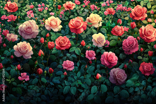 Wallpaper Mural Blooming roses in a garden at dusk. Background Dense foliage. Use Floral backdrop Torontodigital.ca