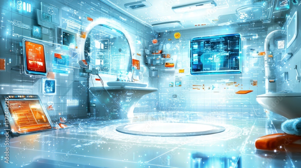 Futuristic smart bathroom design high-tech environment digital innovations modern aesthetics interior view technology concept Futuristic smart bathroom design high-tech environment digital innovations modern aesthetics interior view technology concept