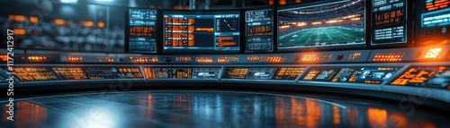 A high-tech control room featuring multiple screens and illuminated panels, showcasing data visualization and monitoring technology.