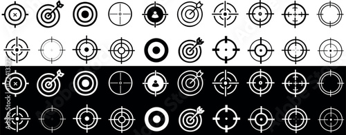 Target and aim icon set, crosshair, bullseyes, aiming marks, and shooting symbols vector design.  target icons, crosshairs for shooting range, sniper, and hunting themes, digital art, and UI projects