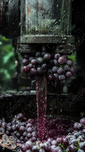Grapes being crushed in mechanical press, producing juice and splashes