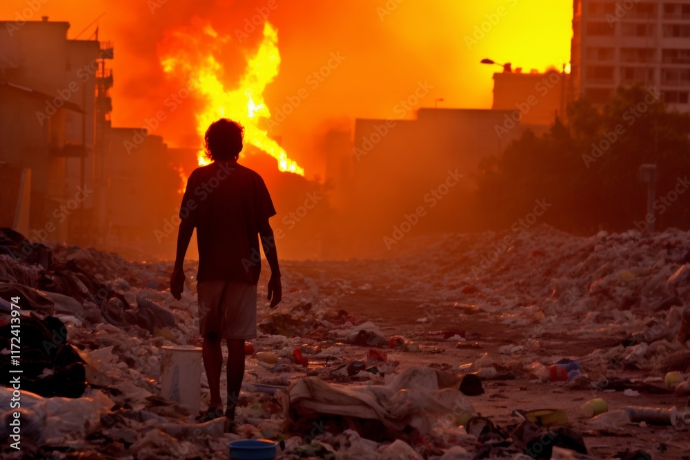 Fototapeta premium Lonely human silhouette wanders through a desolate, littered city amidst an explosive background