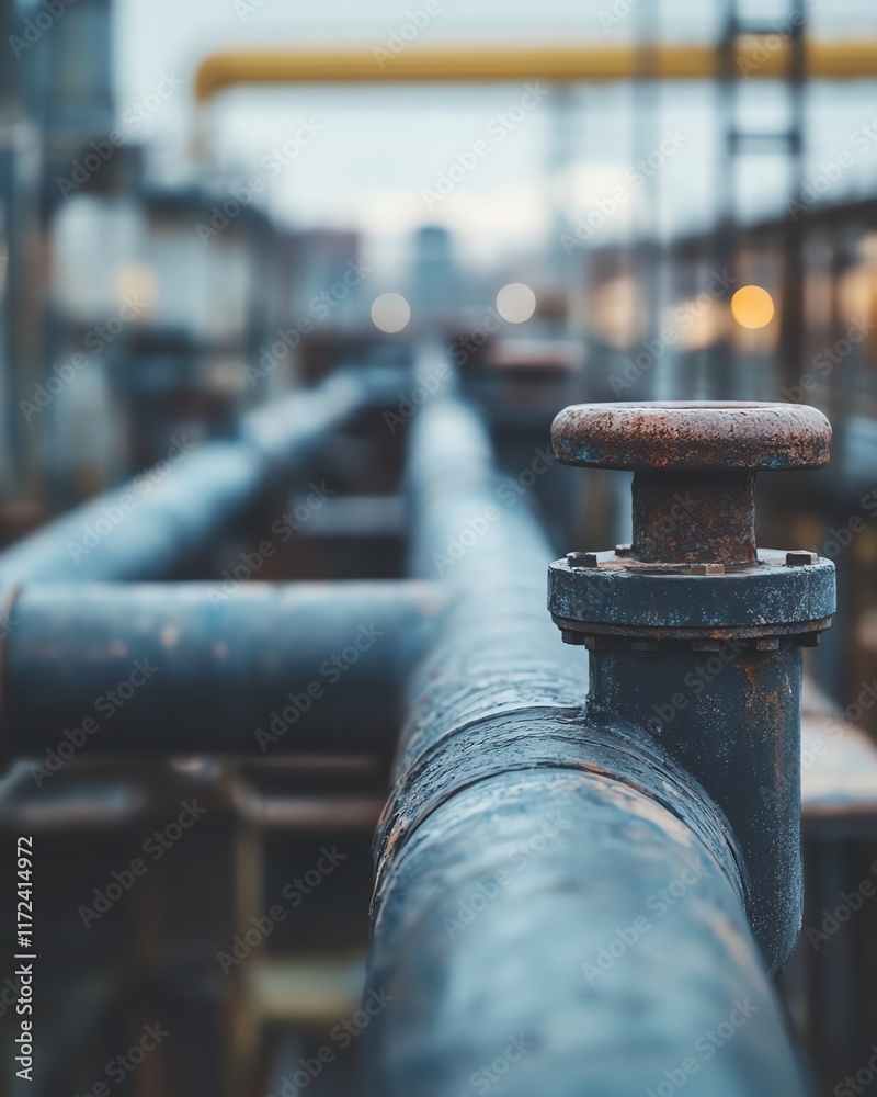 Steel pipeline network in an outdoor oil and gas chemical factory, capturing the intricacies of industrial piping systems against a factory backdrop Steel pipeline network in an outdoor oil and gas chemical factory, capturing the intricacies of industrial piping systems against a factory backdrop
