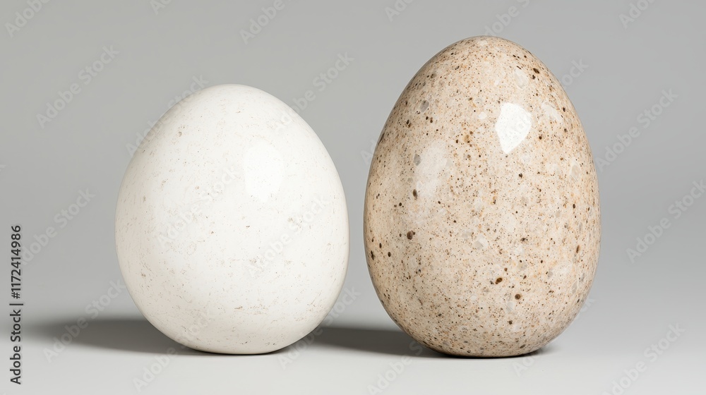 Unique Close-Up View of Two Decorative Eggs in Smooth White and Natural Brown Color Variations Unique Close-Up View of Two Decorative Eggs in Smooth White and Natural Brown Color Variations