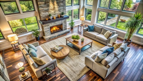 Modern fireplace design anchors a cozy living room; an aerial perspective reveals sophisticated home decor. photo