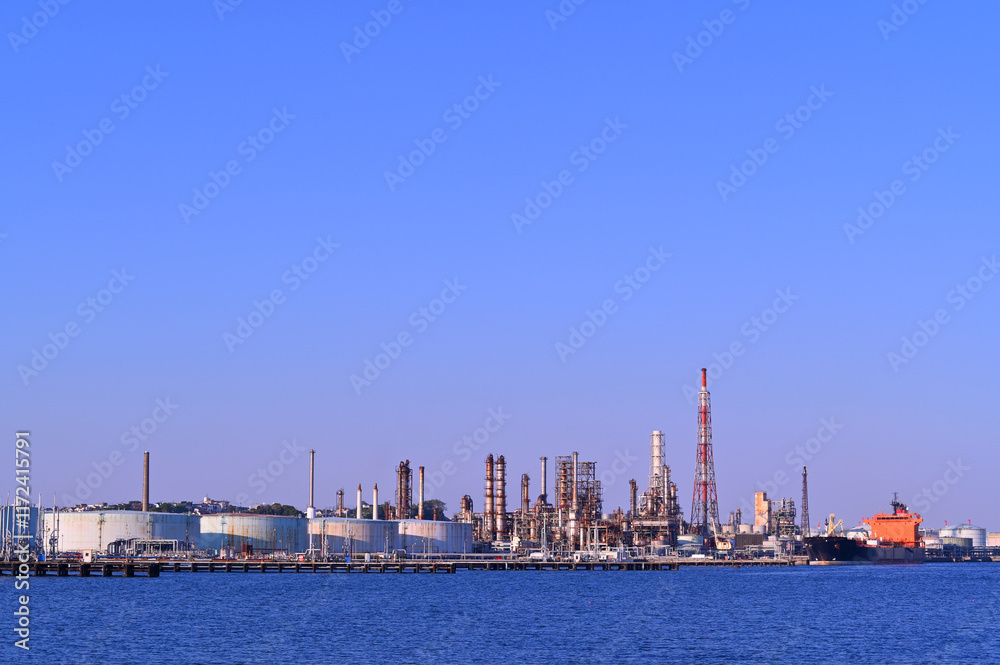 Japan industrial factory area with sunset blue sky background view from Fishing port, Yokohama City Japan.