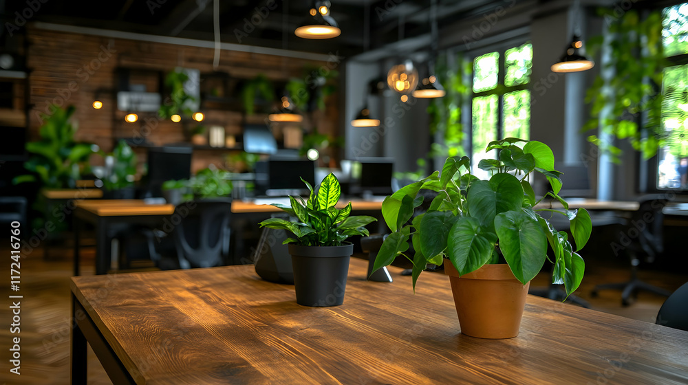 Modern office space with greenery and natural light that is blurred Modern office space with greenery and natural light that is blurred