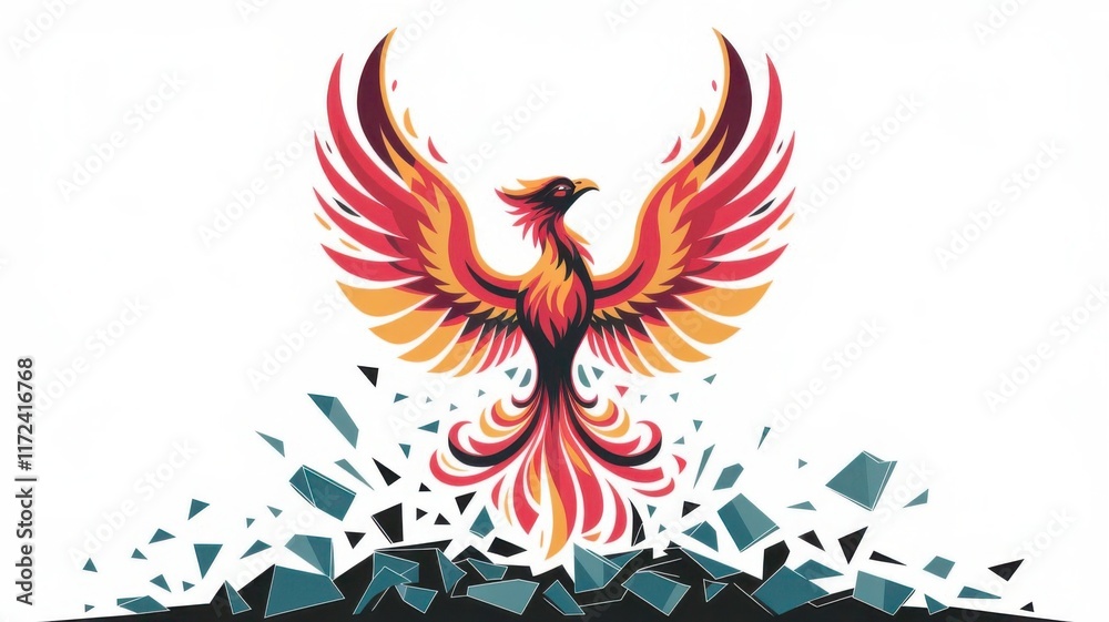 Fototapeta premium Colorful phoenix rising from shattered glass, symbolizing rebirth and resilience. Gray background