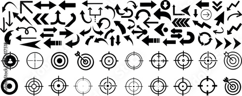 Arrow target and crosshair vector set. Black direction arrows, turning signs, circular motion arrows, dartboard targets, crosshairs symbols. Arrows, targets, crosshairs icon for navigation, aiming des