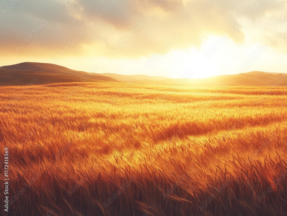 Obraz premium A golden wheat field at sunset, capturing nature's beauty and tranquility.