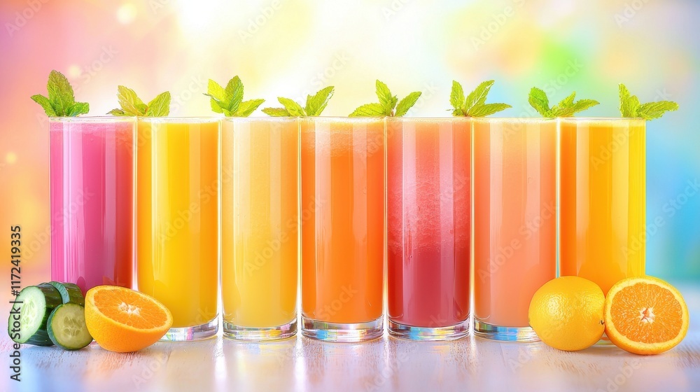Fototapeta premium Colorful Assortment of Fresh Fruit Juices in Glasses Summer Refreshment Drinks