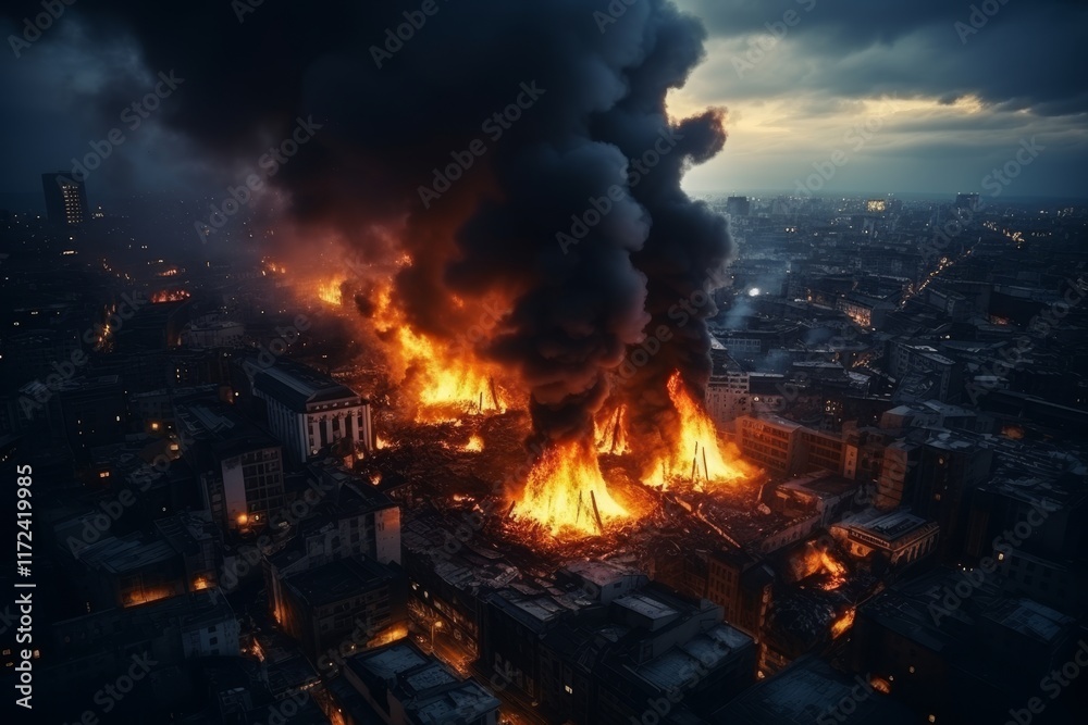 Aerial perspective of earth amidst war  ruined cities, explosions, and drone warfare unfolding
