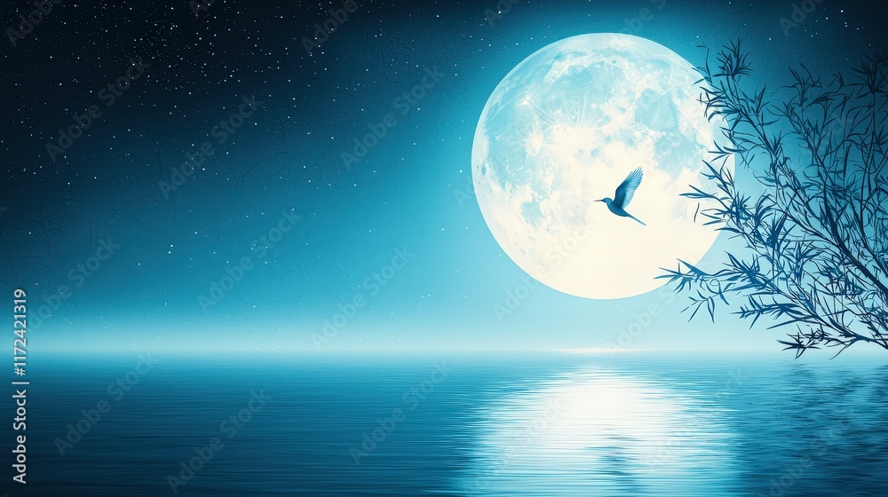 Naklejka premium A lonely bird gliding across the moonlit sky, the full moon reflecting its silhouette against the dark backdrop of the night