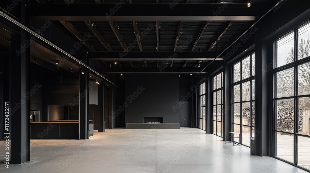 A modern black warehouse with an expansive, empty interior, large steel support beams, and minimalistic design that highlights the functional beauty of the space.