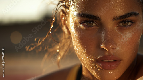 Close-up of a female athlete, sweat highlighting her focused determination, illuminated by studio lighting, blurring the stadium background for dramatic effect