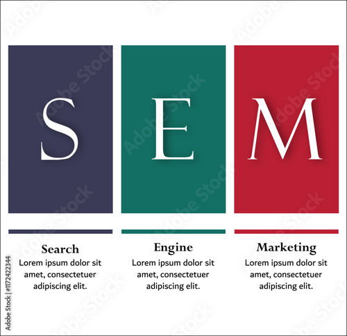SEM - Search Engine Marketing acronym. Infographic template with icons and description placeholder