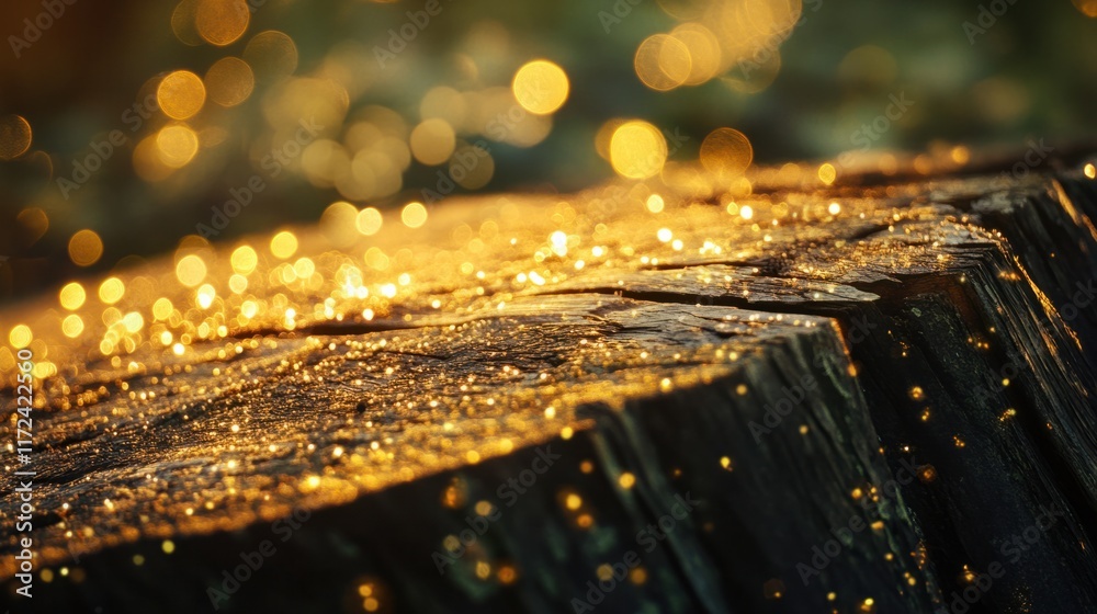 A close-up of a rustic wooden table with golden and green bokeh highlights, perfect for an outdoor setting A close-up of a rustic wooden table with golden and green bokeh highlights, perfect for an outdoor setting